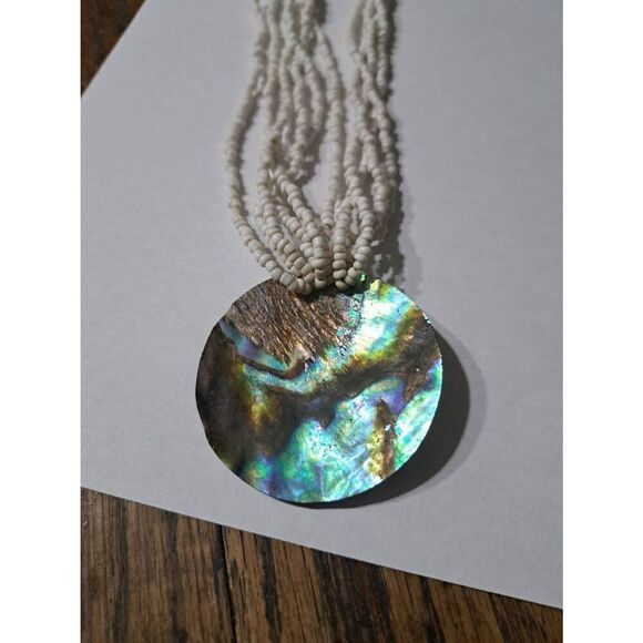Vintage Abalone Seashell Multi Strand White Glass Seed Bead Necklace - Picture 7 of 8
